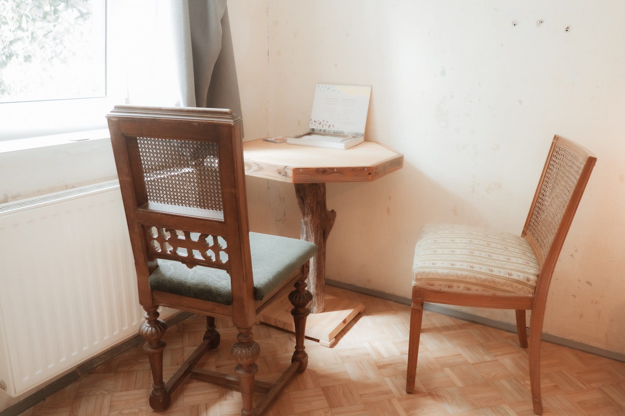 desk and chairs repurposed from a castle in Salzburg
