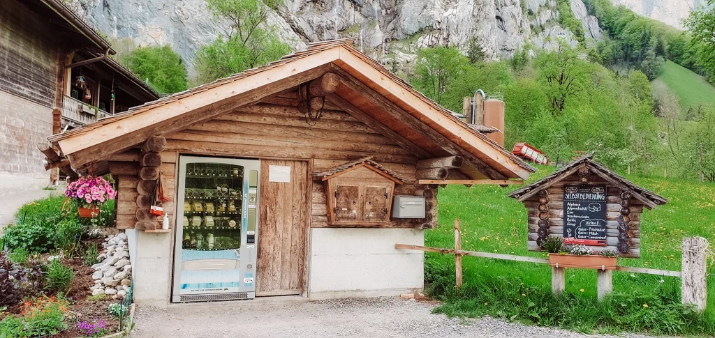 Cutest cheese shop in the world! Little cheese, yoghurt and dairy produce as you walk out of Lauterbrunnen Why you should visit spectacular Lauterbrunnen Valley