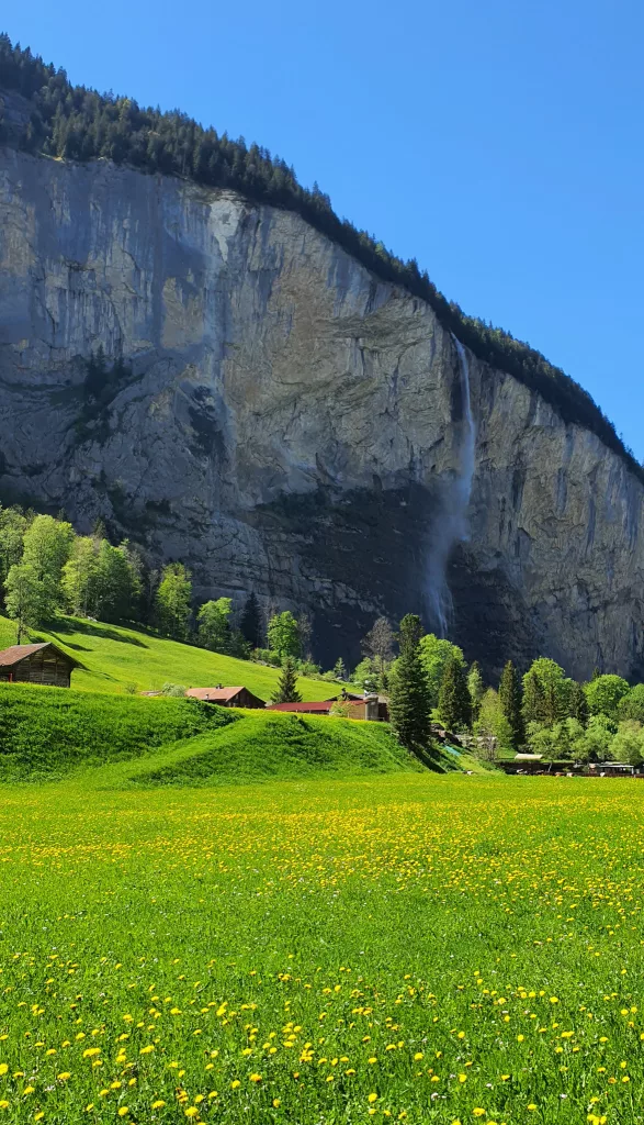 Snowcap mountain views on hike out to Trummelbach Falls Lauterbrunnen