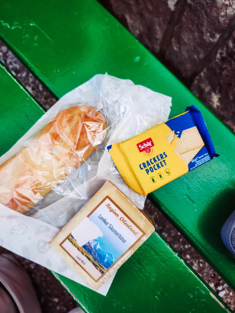 all you need for a picnic in Switzerland, local cheese, baguette or gluten free crackers for the coeliac!