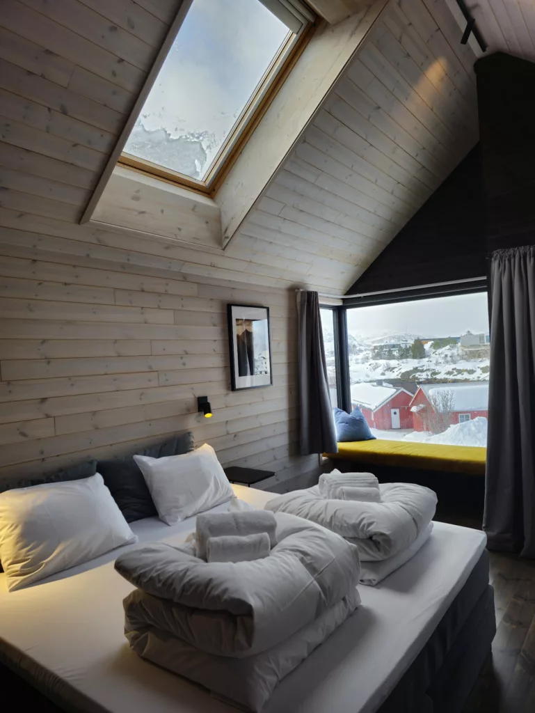 Beautiful bedroom at Hattvika Lodge Lofoten Islands