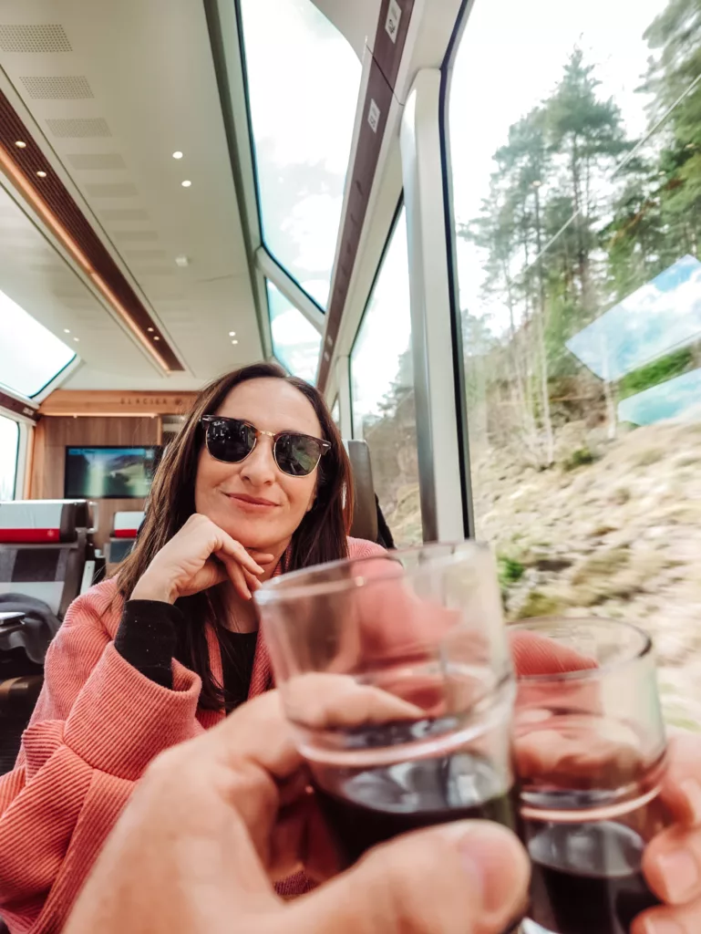 Enjoying Australian Penfolds wine on the Glacier Express