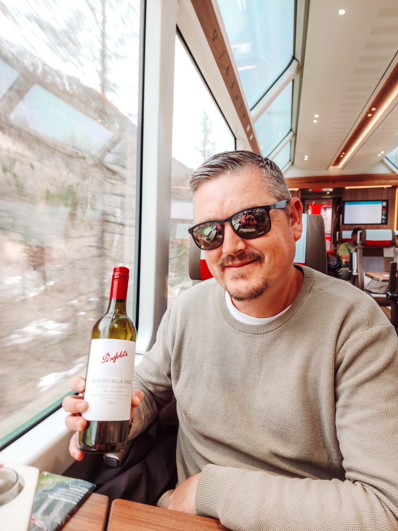 Enjoying Australian Penfolds wine on the Glacier Express