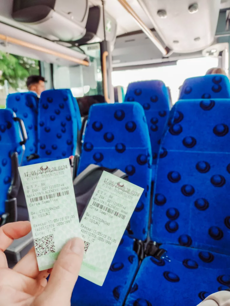 Bust tickets on the bus from Cisternino to Ostuni in Puglia, Italy
How to travel Puglia by public transport