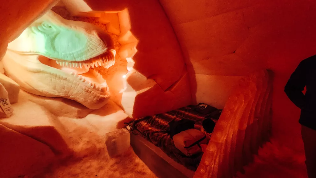 Our ice dinosaur room at Ice Hotel in Arctic Snow Hotel, Lapland Finland