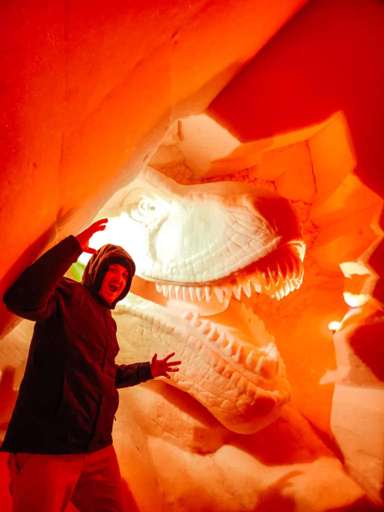 Ice carvings in our dinosaur room at The Arctic Snow Hotel Lapland Finland