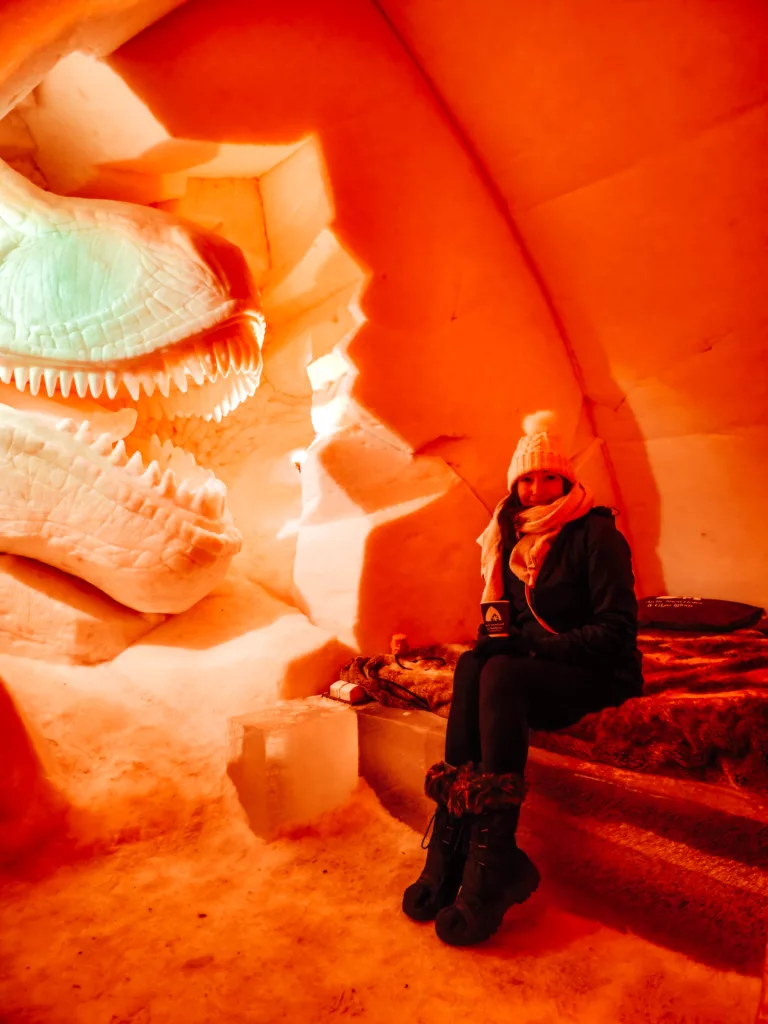 Our ice dinosaur room at Ice Hotel in Arctic Snow Hotel, Lapland Finland