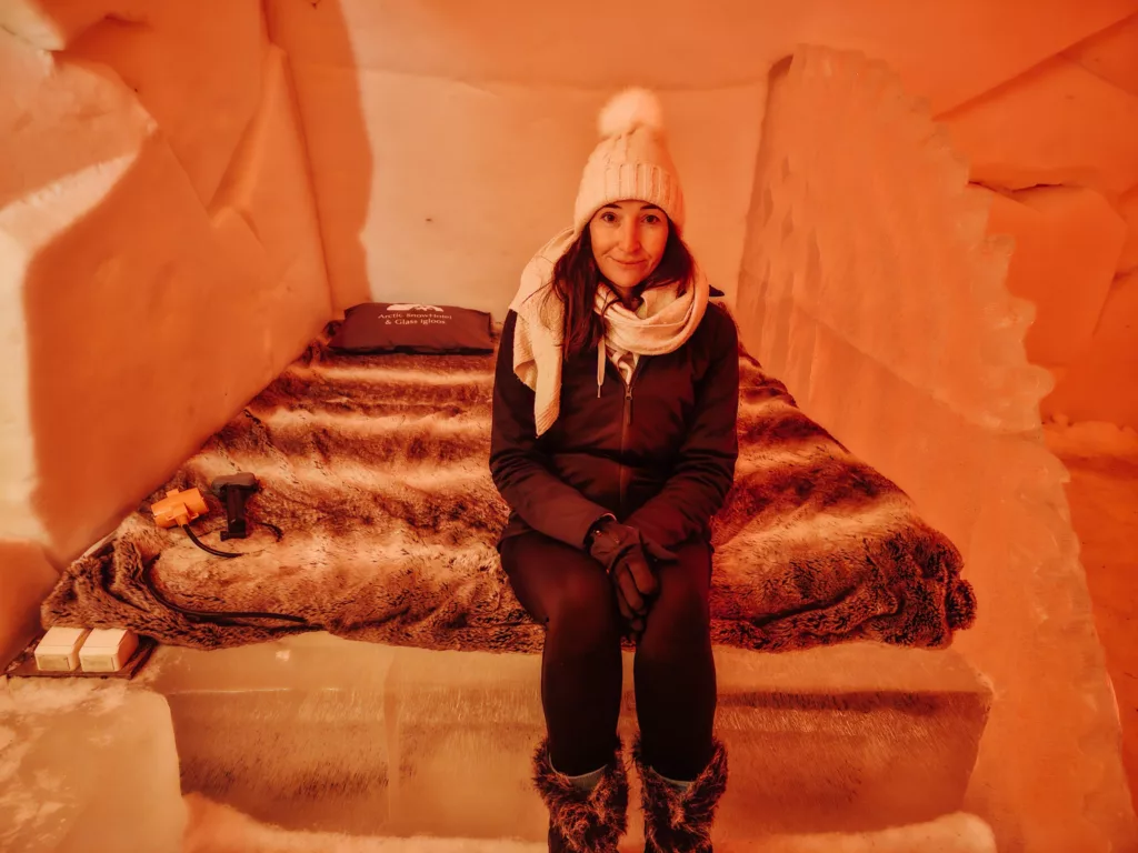 The bed in our ice dinosaur room at Ice Hotel in Arctic Snow Hotel, Lapland Finland