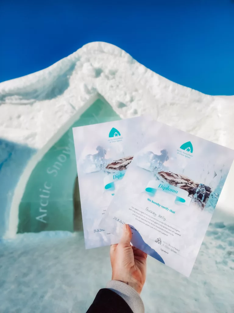 Our certificates for staying overnight in the ice hotel, Arctic Snow Hotel, Lapland Finland