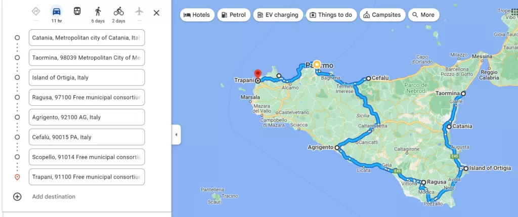 Sicily itinerary route map