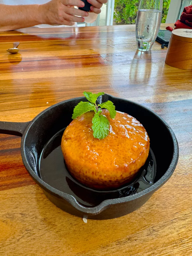 flan for dessert at the Paddle House Restaurant at the Lodge at Jaguar Reef Belize