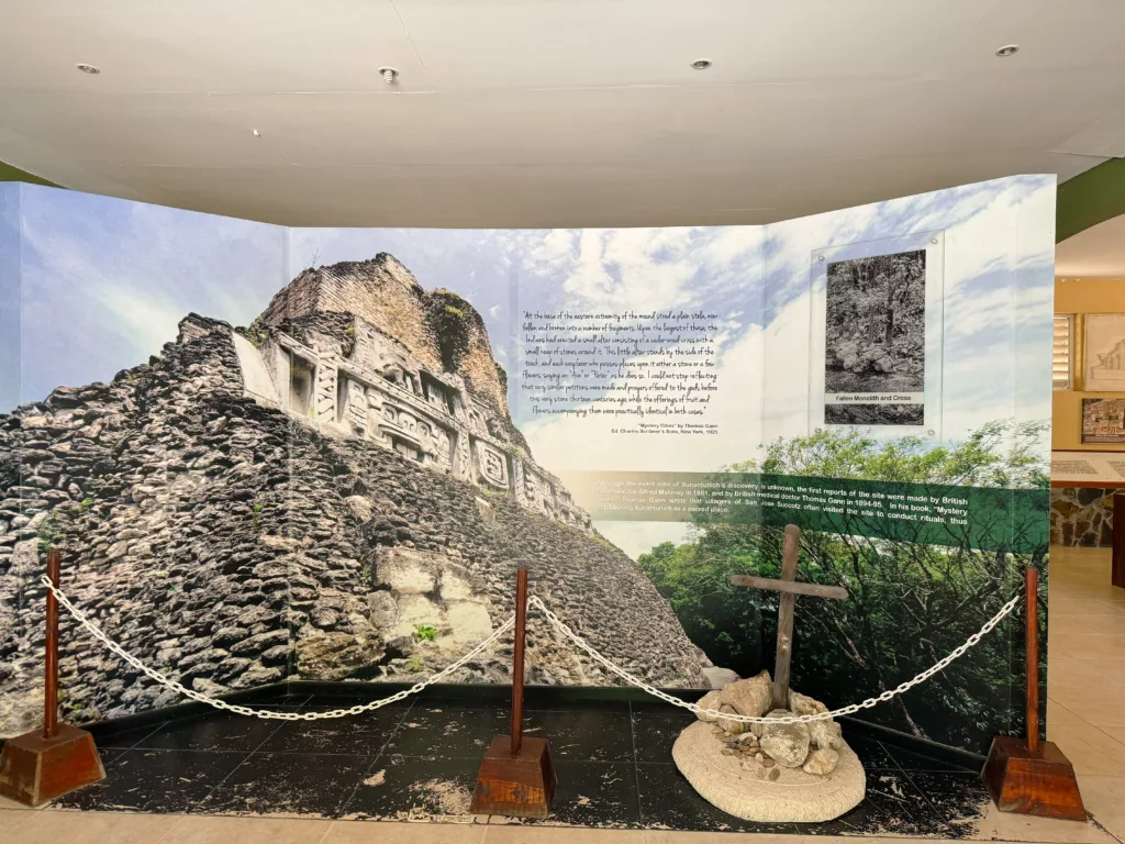 reading about the history of the Xunantunich Mayan Ruins Belize