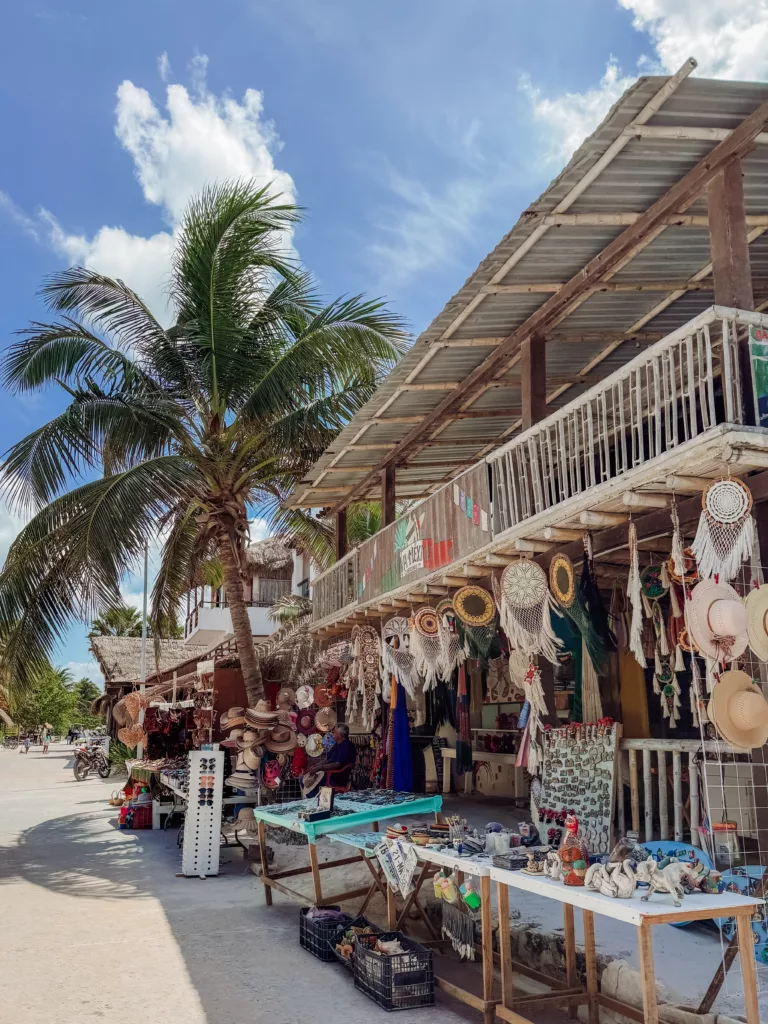 stores along the beautiful beach at Mahahual Mexico beach costa Maya
